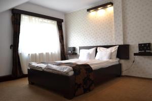 ein Schlafzimmer mit einem Bett mit weißen Kissen und einem Fenster in der Unterkunft CHIC CITY Rooms in Sighişoara