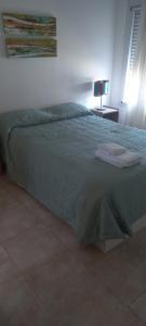 uma cama com um edredão verde num quarto em Zona del Vea em Villa María