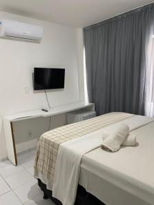 um quarto com uma cama e uma televisão na parede em Pousada Mar de Maceió em Maceió