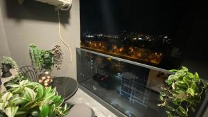 una ventana con plantas y vistas a la ciudad en Q Luxury Apartment - Palas Center, en Iaşi