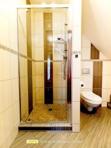 a bathroom with a shower with a toilet at Hortensjowy Zakątek w Pieninach in Sromowce Wyżne