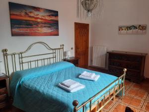 een slaapkamer met een blauw bed met 2 handdoeken erop bij Casa sul borgo in Pisa