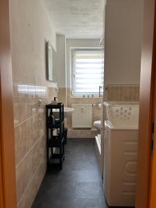 a bathroom with a sink and a washing machine at Monteurwohnung I WLAN I Einzelbetten in Burgneudorf
