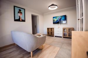a living room with a chair and a tv at Apartament 209 in Alba Iulia
