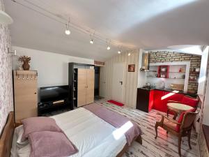 Il comprend une chambre avec un grand lit et une cuisine. dans l'établissement Old Town cosy one bedroom apartments with fireplace, à Vilnius
