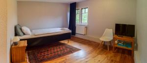 um pequeno quarto com uma cama e uma televisão em Park Hotel Brūzis em Smiltene