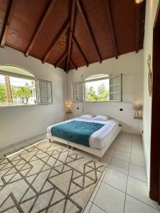 1 dormitorio con 1 cama y 2 ventanas en Guadeloupe Guesthouse, en Port-Louis