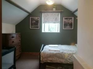 Dormitorio verde con cama y ventana en The Old Barn, Cosy Townhouse in Leominster, en Leominster