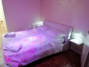 een paarse slaapkamer met een bed met roze lakens en kussens bij CaSa AMELIA in Napels