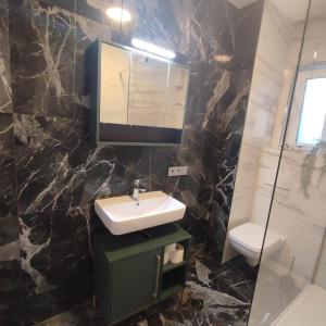 a bathroom with a sink and a toilet and a mirror at Praktisch und Gut in der Goldstadt in Pforzheim