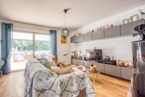 ein Wohnzimmer mit einem Sofa und einem TV in der Unterkunft Spacious house with swimming pool in Trans-en-Provence