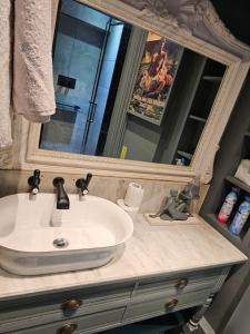 a bathroom with a sink and a mirror at Shoreditch Heights- Central ground floor apartment in Exeter