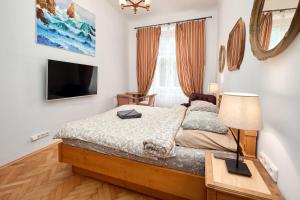 1 dormitorio con 1 cama, TV y lámpara en Room & Parking Assistance en Praga