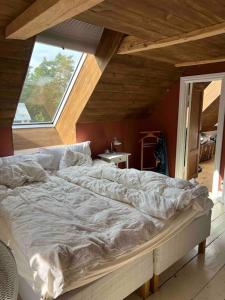 duże łóżko w pokoju z dużym oknem w obiekcie Exklusivt kalkstenshus från 1850 med arkitektritad pool w mieście Klintehamn
