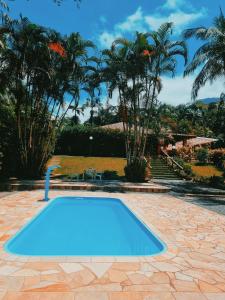 a blue swimming pool in a yard with palm trees at Hotel Jussara Cultural - Joinville in Joinville