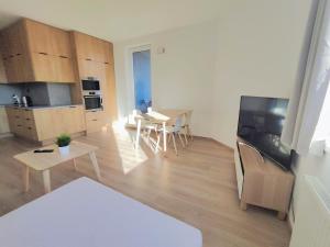a living room with a kitchen and a dining room at Quietly oriented apartment with free parking and balcony in Bratislava