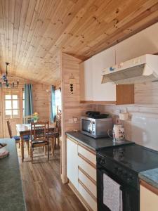 a kitchen with a stove and a dining room at Unique Caravan with Outdoor Space Lodge in Ballantrae