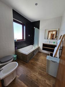 a bathroom with a tub and a toilet and a sink at Casa da Canada da Fajã in Feteira