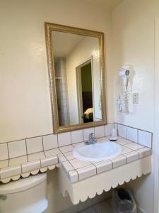 La salle de bains est pourvue d'un lavabo et d'un miroir. dans l'établissement Holiday Motel, à Morgan Hill