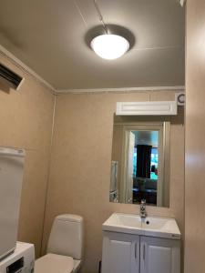 La salle de bains est pourvue de toilettes, d'un lavabo et d'un miroir. dans l'établissement Aurora Apartment very close to Fjellheisen, à Tromsø