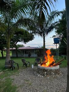 eine Feuerstelle in einem Garten mit Stühlen und Palmen in der Unterkunft RIOPARK BEACH HOTEL in Yopal