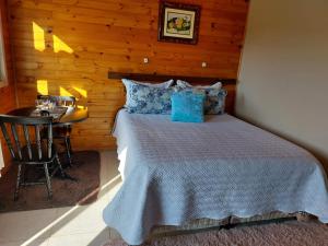 een slaapkamer met een bed en een tafel in een kamer bij Sítio Rancho crioulo in Urubici