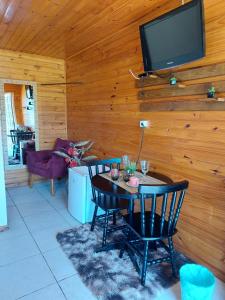 ein Wohnzimmer mit einem Tisch und einem TV an einer Holzwand in der Unterkunft Sítio Rancho crioulo in Urubici