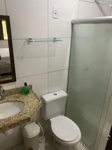 格雷夫森德的住宿－Chácara Maluco Beleza 4，一间带卫生间、水槽和镜子的浴室