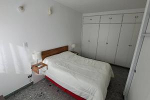 1 dormitorio con 1 cama y paredes y armarios blancos en Departamento amplio y luminoso en Buenos Aires