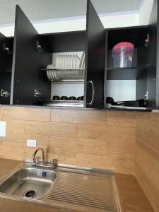 uma cozinha com um lavatório e uma bancada em Balcones Icononzo em Icononzo