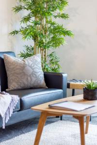 ein blaues Sofa im Wohnzimmer mit Couchtisch in der Unterkunft Charming Riccarton Abode 2Bed w/Garage in Christchurch