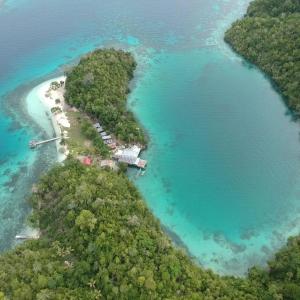 an aerial view of an island in the ocean at Lestari Cottages in Kododa