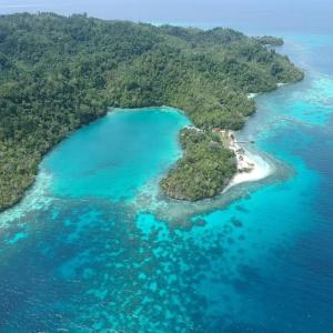 an aerial view of a small island in the ocean at Lestari Cottages in Kododa