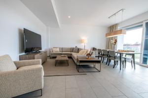 a living room with a couch and a tv and a table at Olympus Residence in Timişoara