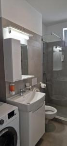 ein Badezimmer mit einem weißen Waschbecken und einem WC in der Unterkunft Olympus Residence in Timişoara