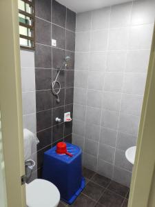 雙溪大年的住宿－Mikhail's Homestay，带淋浴、卫生间和蓝色凳子的浴室