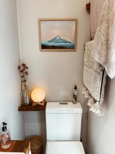 baño con aseo y una foto en la pared en The Secret Studio, Outdoor Bath & Pizza Oven, en New Plymouth