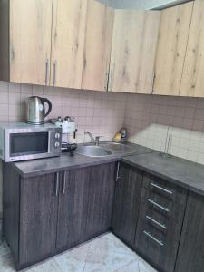 a kitchen with a microwave and a sink at Аpartments on the main street in Bălţi
