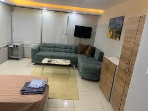ein Wohnzimmer mit einem grünen Sofa und einem TV in der Unterkunft Villa Blacksea in Arnavutköy