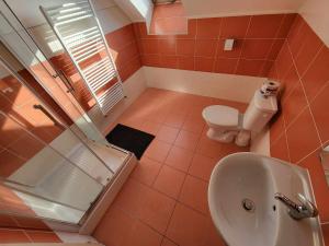 a bathroom with a shower and a toilet and a sink at Restaurace a penzion Vrtule in Petřvald