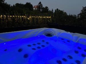 a blue hot tub in front of a fence at night at Luxury Penthouse Prague in Prague