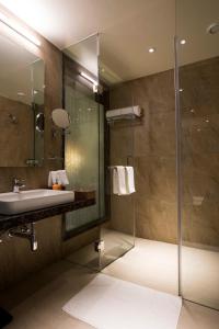 y baño con lavabo y ducha acristalada. en New Hotel Europa Inn, en Rajkot