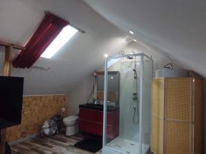 a bathroom with a shower in the attic at Gîte Sauna Balnéo Berck sur Mer Lâchez Prise in Berck-sur-Mer