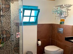a bathroom with a toilet and a blue window at Güneş Butik Otel Datça in Cumalı