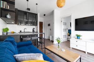 een woonkamer met een blauwe bank en een keuken bij Apartament PRIMAVERA z miejscem parkingowym in Toruń