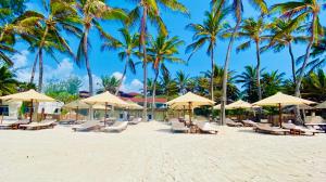 a beach with chairs and umbrellas and palm trees at Nyumba Nyekundu in Watamu