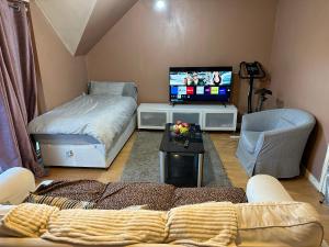 Wembley Serviced Apartment, 20mins from Central London في لندن: غرفة معيشة مع أريكة وتلفزيون بشاشة مسطحة