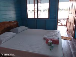 a blue room with a bed with two cameras on it at Namknong view in Don Det