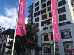 two pink flags on poles in front of a building at Seaview Nice&Easy - Free parking in Funchal