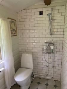 uma casa de banho com um WC e um chuveiro em Charming Cottage em Roskilde